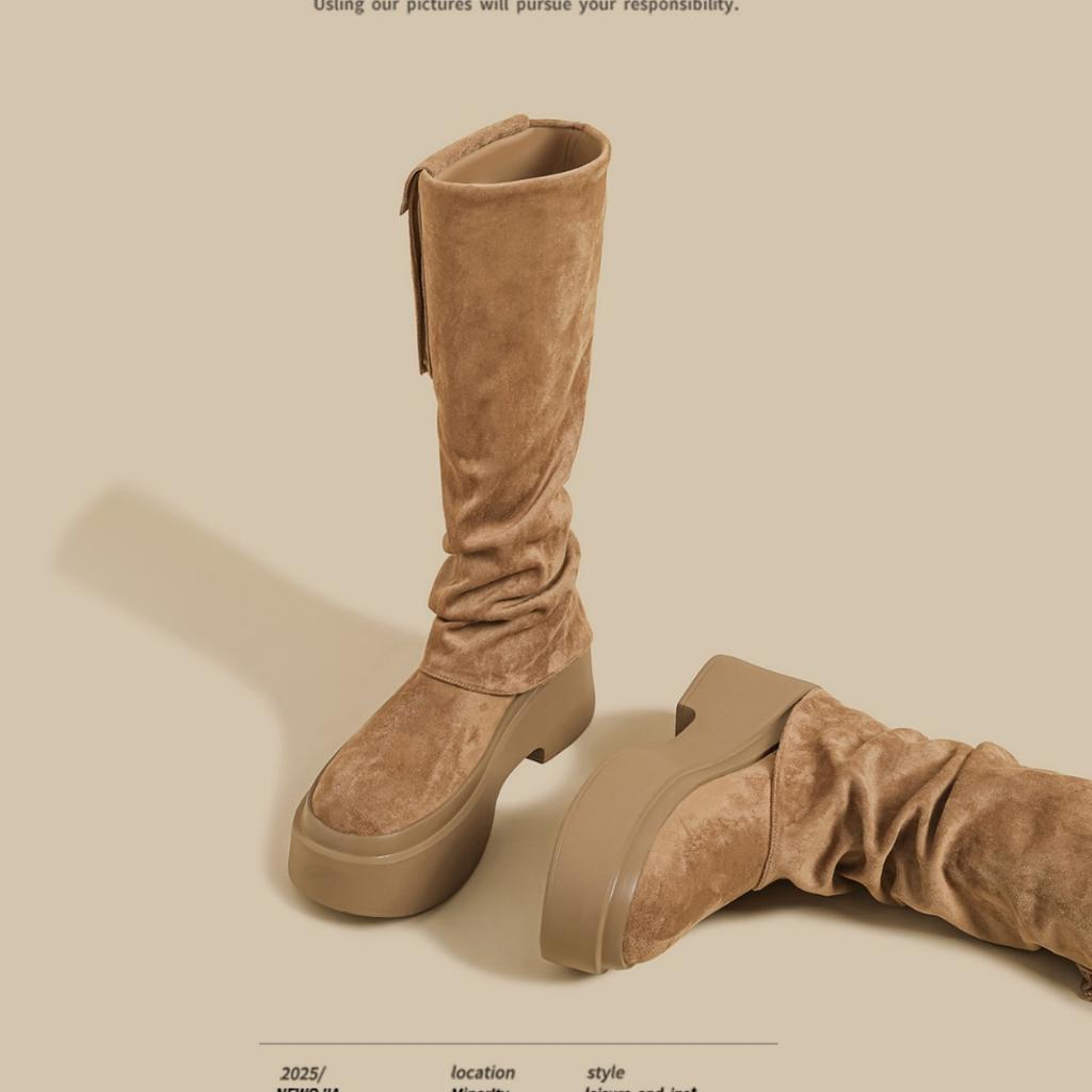 2025 autumn new thick-bottomed pleated stacked boots women's retro nude suede pocket niche tall knight boots