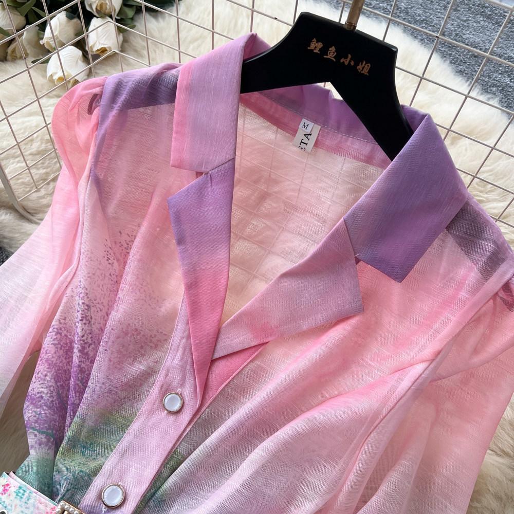 Herbst Notched Collar Print Blume Feiertag Kurzes Kleid 2026 Neu Boho Damen Einreiher Leinen Laternenärmel Gürtel Hemdkleid