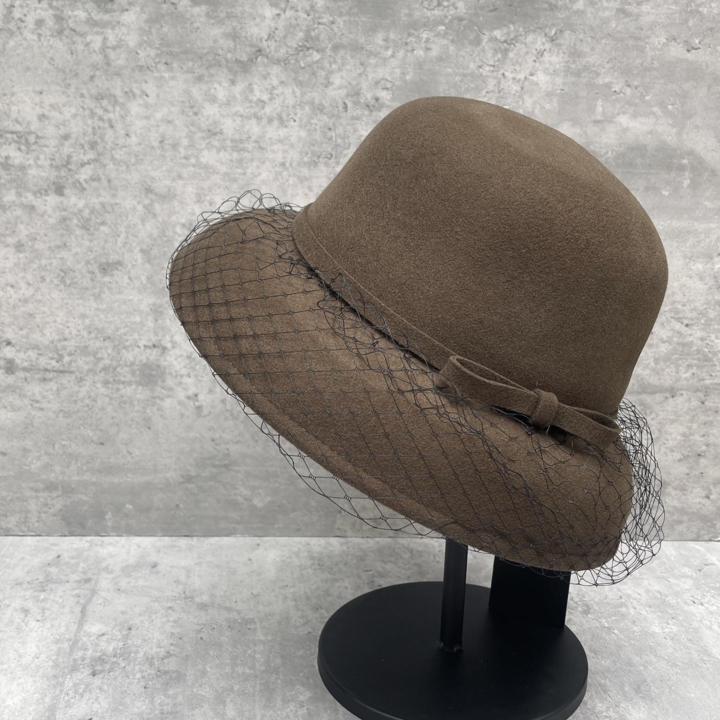 

25 Mesh Wool Lampshade Top Hat Women S French Hepburn Woolen Basin Hat Temperament Shows Small Face M（56-58cm）