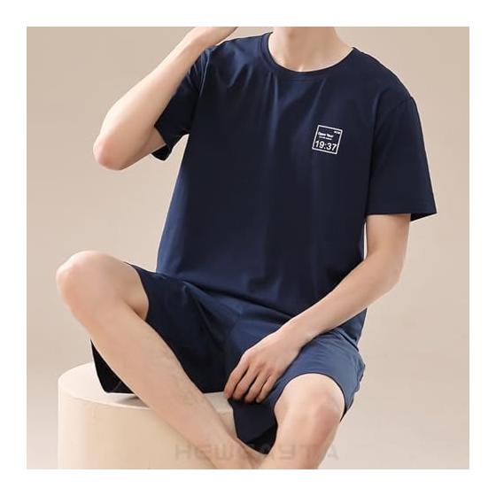 [HEWEAYTA] Men's Pajamas, Summer, Short Sleeves - Room Wear, Top and Bottom Set, Short Sleeve Shorts, Loungewear, Thin, Cotton, Light, Sweat