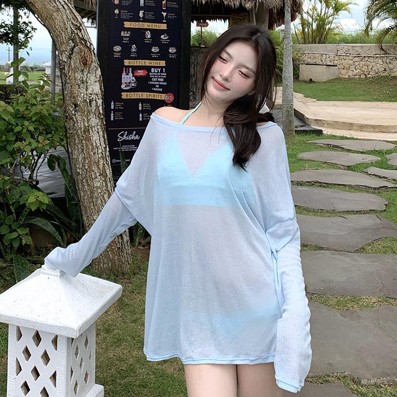 Korean-Style Long Sleeve Sun Protection Cover-Up in Candy Colors - Sweet, Tummy-Covering, Slimming, and Conservative Beachwear