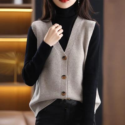 Women's Loose High-End Waistcoat Knit Vest Wool V-Neck Solid Color Button Sleeveless Fashion Coat Cardigan Trend