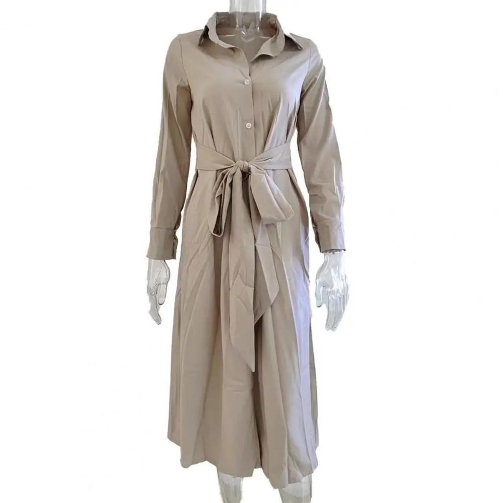 Women's Cotton Button Down Maxi Long Sleeve Lapel Collared Long Dress Lace Up Waist Ladies Robes