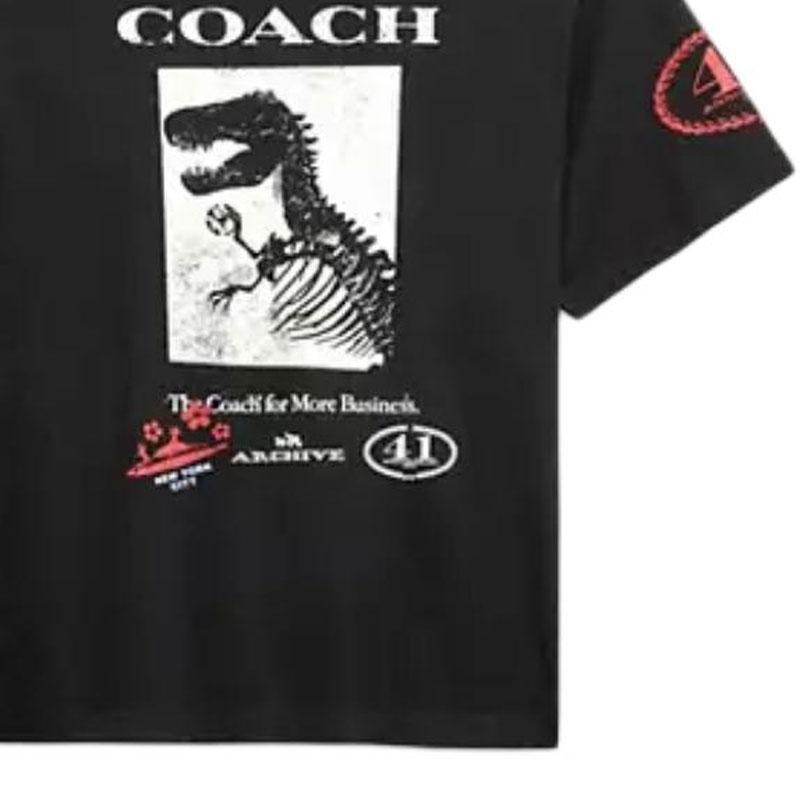 Coach Cotton Ribbed Round Neck Dinosaur Patchwork Loose T-Shirt Unisex Tops CDK82-BLK