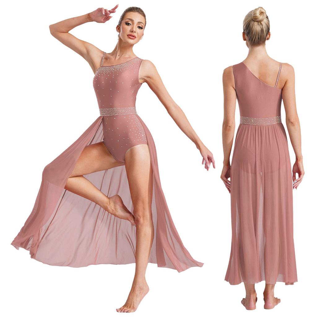 Φόρεμα Λυρικού Χορού για Γυναίκες Αμάνικο Λαμπερό Στρας Ασύμμετρο Διάφανο Τούλι Ενδυμασία Παράστασης