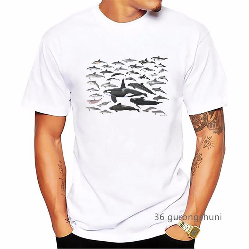 Watercolor Dolphins And Sharks Print T Shirt MenS Clothing Summer Fashion White Tshirt Homme Harajuku Shirt