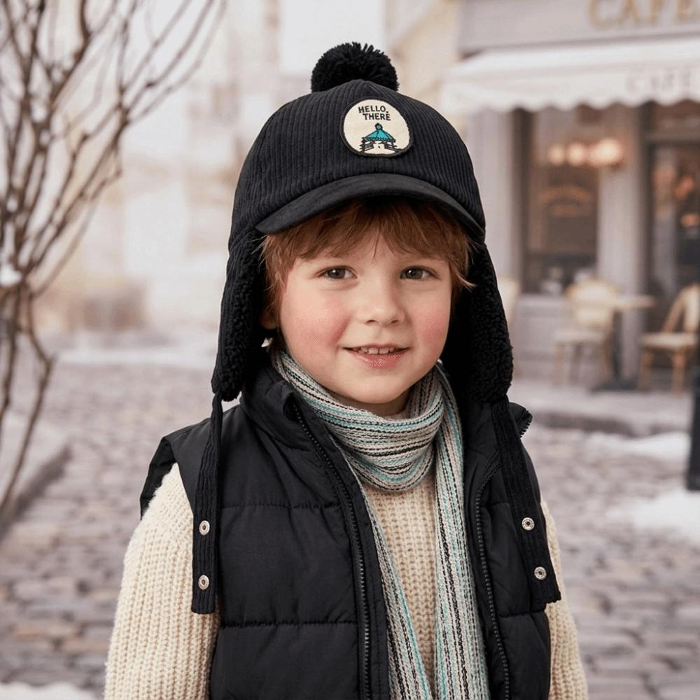 Faux Lamb Fleece Lining Children's Earflap Hat Solid Color Baby Warm Hat For Boys And Girls