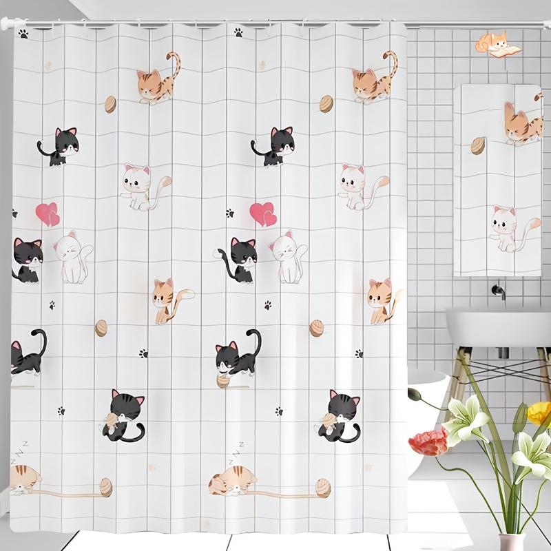 VIKAMA Adorable Shower Curtain, Cat-Patterned Waterproof and Mould-Resistant Shower Curtain with Hooks for Bathroom Decor