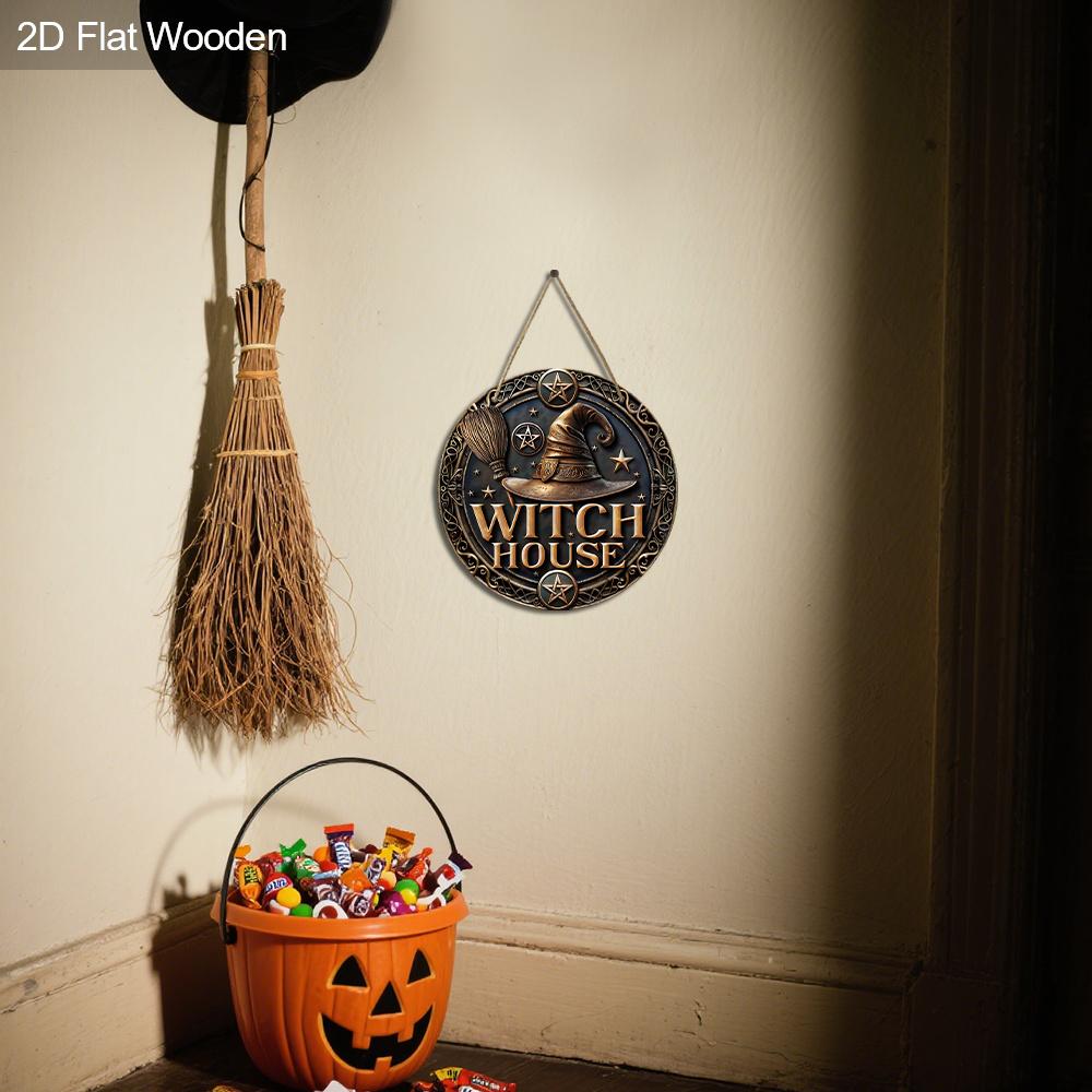 Retro Halloween Wooden Sign with Witch House Design - Unique Wall Pediments - Ideal for Front Door, Yard, Porch, Room Decor