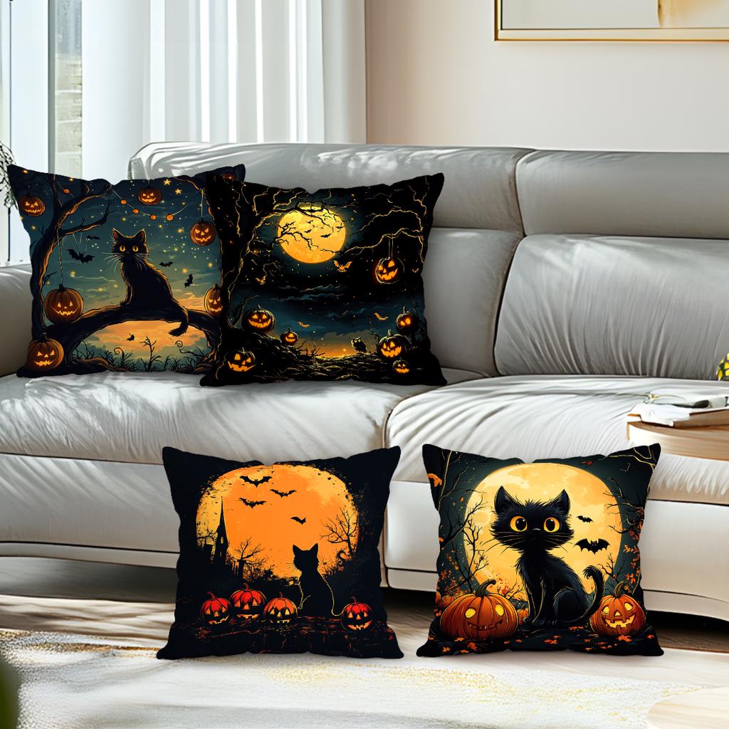 Halloween Black Cat Cushion Pillowcase Printed Polyester 45X45Cm Throw Pillowcover Decorative Sofa Cushion Pillowslip Home Decor