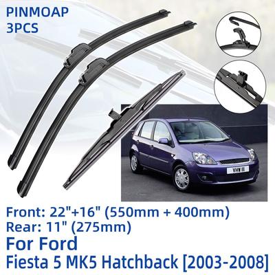3 Stück für Ford Fiesta 5 MK5 Schrägheck 2003–2008, 22 Zoll + 16 Zoll + 11 Zoll, vorne und hinten, Wischerblätter, Windschutzscheibe, Windschutzscheibe, Fensterschneider, Zubehör, 2005 2006 2007 2008