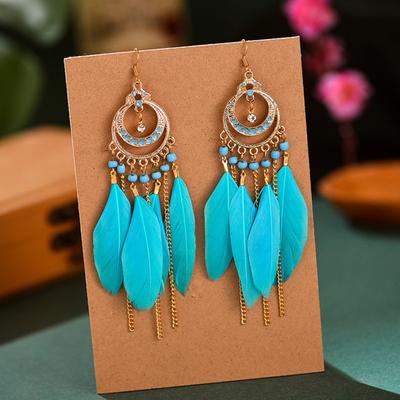 Yousheng 1 Pair Women Dangle Earrings Bohemia Style Ethnic Synthetic Feather Exquisite Lady Dangle Earrings Banquet Jewelry