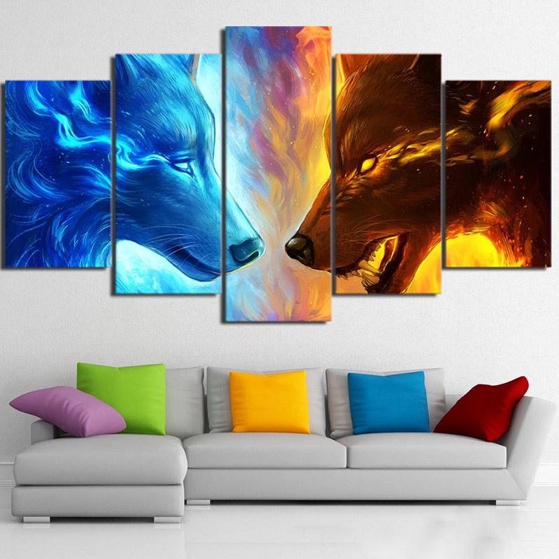 5 Panels Canvas Wall Art Animal Poster Painting And Print Fire and Water Wolf Wallpaper Living Room Decorative Frame Artwork