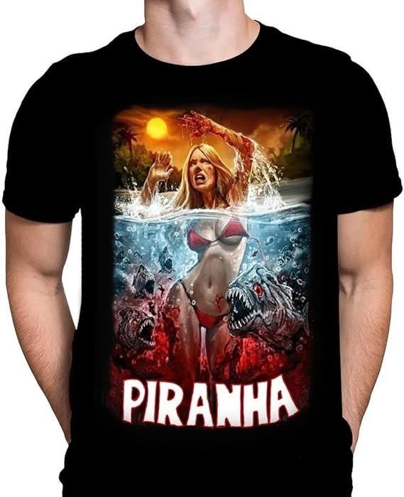 Piranha Mens T Shirt Gothic Horror Print Black Cotton Movie Poster Tee Gift XXXL