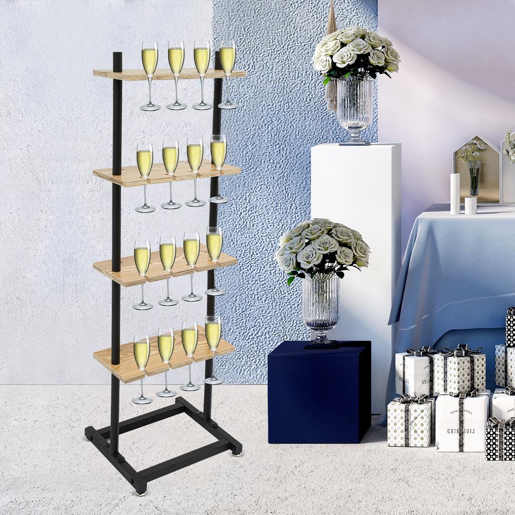 4 Tiers Wood Board Champagne Glasses Rack,Black 155cm Champagne Glass Holder Floor Mounted for Party,Weddings