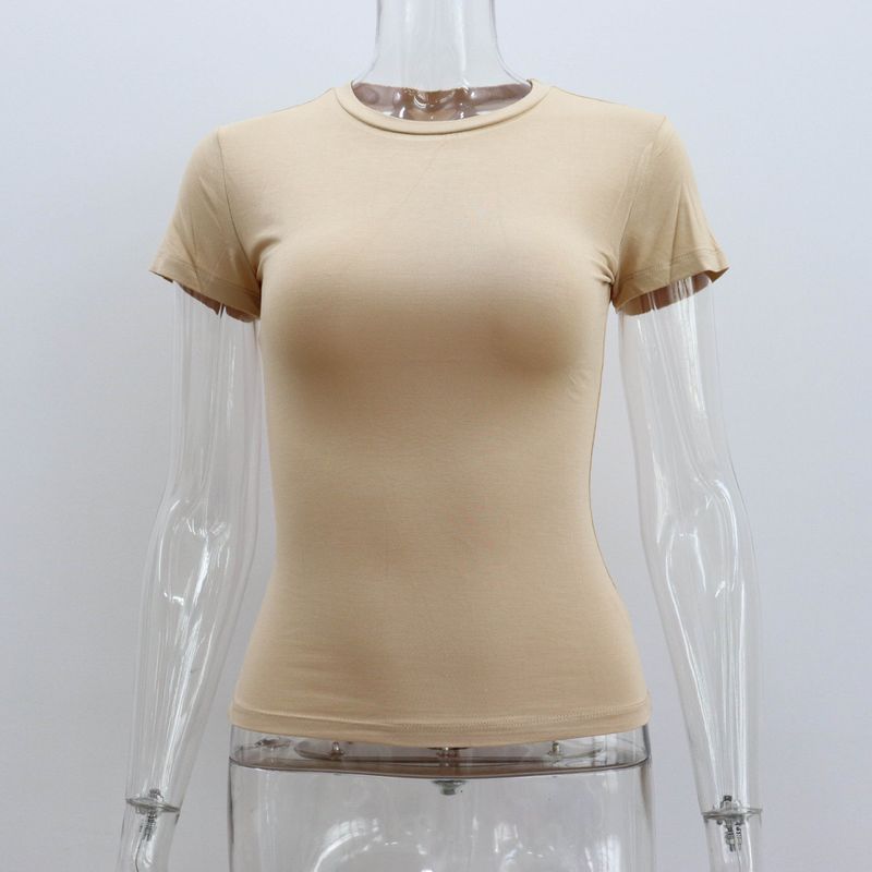 Summer Basic Round Neck Short-Sleeved T-Shirt for Women, Tight-Fitting, Sexy, European and American Style, Simple Pure Color, Versatile Top for Women