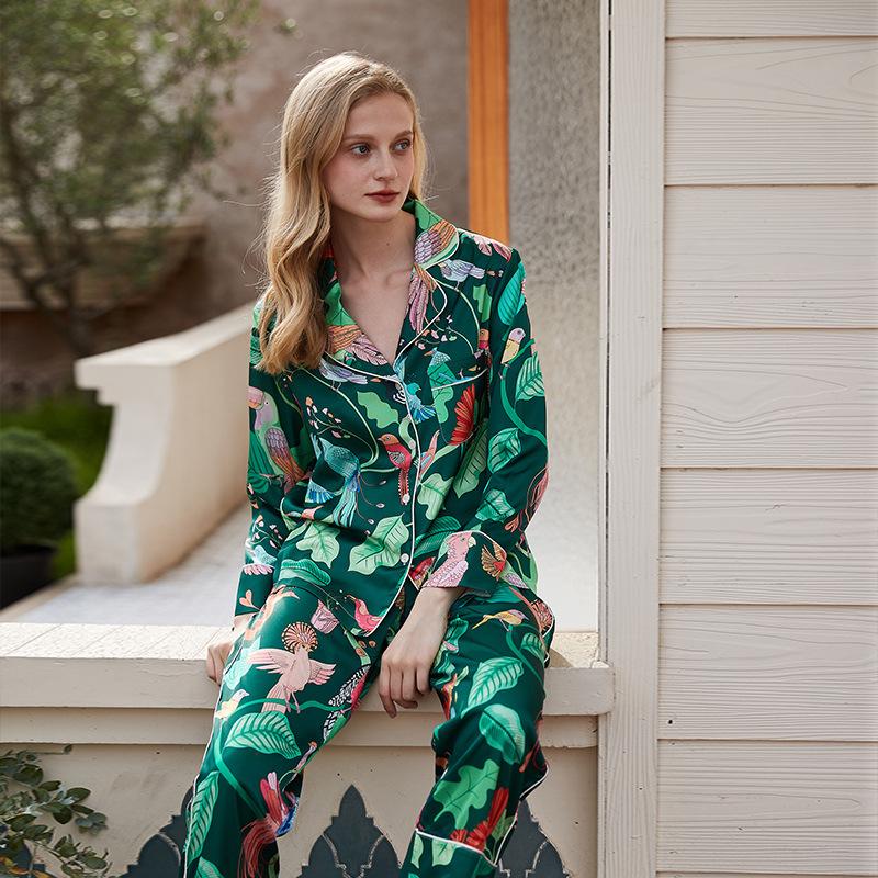 [Green Parrot] Pajamas women's autumn ice silk spring and autumn long sleeves ins thin can be worn outside silk loungewear autumn