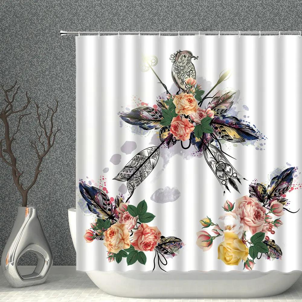 Chinese Flower And Bird Shower Curtain Green Plant Waterproof Cloth Polyester Bathroom  Curtains Home Suit With Hook
