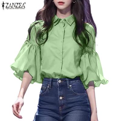 Blusa feminina casual gola virada para baixo babados manga 3/4 solta