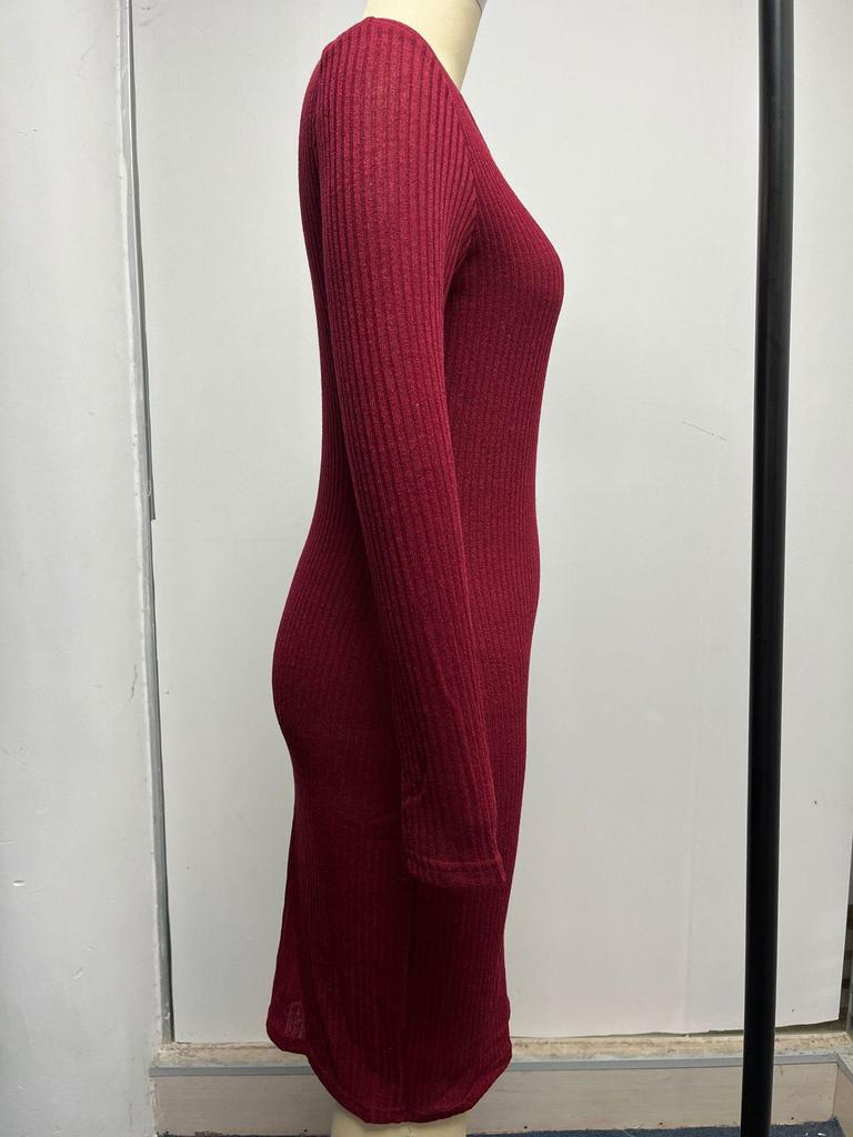 V-neck Knitted Sweater Dress - Long Sleeve, Slim Fit, Ruched Drawstring, Ribbed Design for Autumn/Winter
