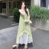 Light Green Lace Splicing Floral Dress Women's Summer New Great-looking Beautiful Holiday Style Suspender Skirt