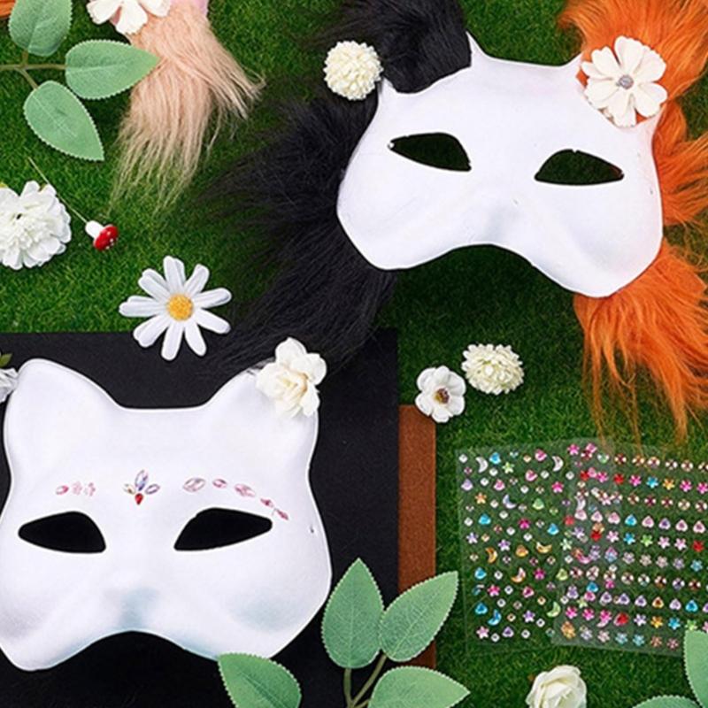 Fun Therians Masks Kit Cats Foxes Mask with Furs Eye Meshes DIY Furry Animal Mask to Paint for Halloween Cosplay Party
