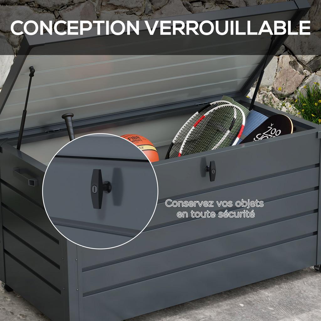 Outdoor storage box, 311 L, gas strut, wheels, handle, galvanized steel, 120 x 62 x 66 cm, grey