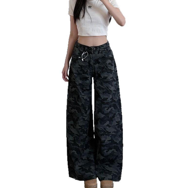 Camouflage Wide-Leg Jeans Women Big Yard Retro Pear-Shaped Body High Waisted Loose Skinny Straight Trousers Jeans for Women Long Denim Pants
