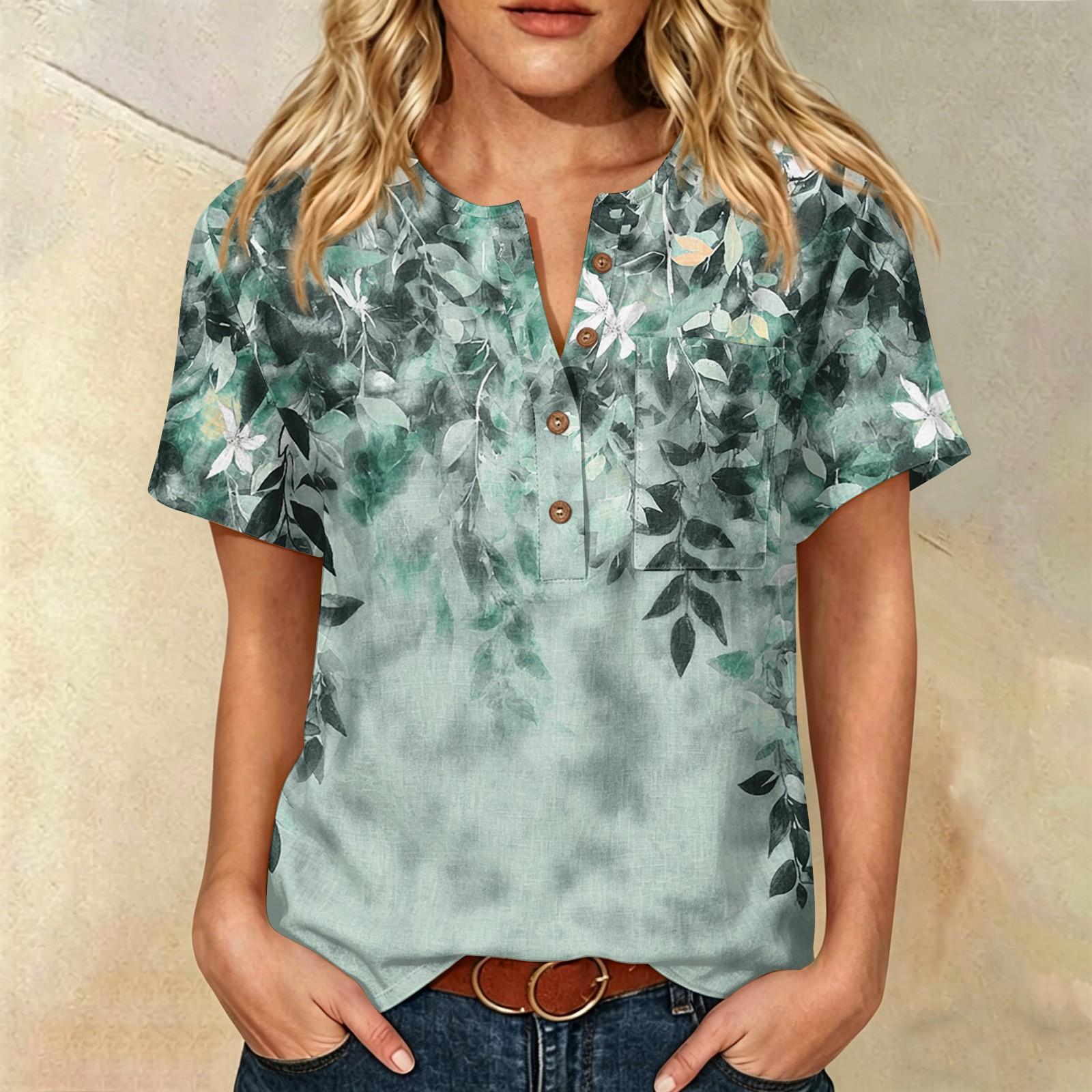

Women’s Printed Short Sleeve Henley Neck Shirt with Front Pocket Cotton Linen Material Relaxed Fit Casual Top S зелёный