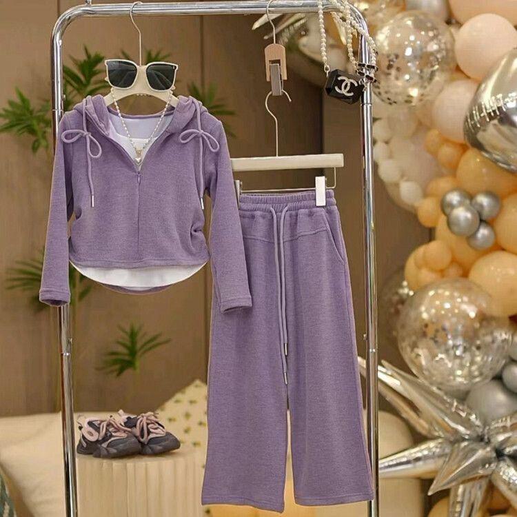 

Girls Korean Casual Two-Piece Suit: Stylish Wide-Leg Pants with Fake Two-Piece Top for Spring and Autumn 120 cm
