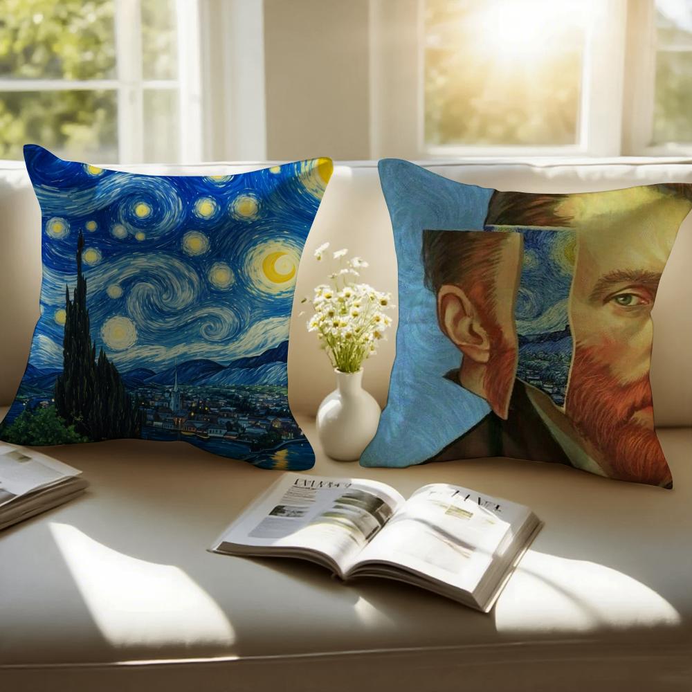 Van Gogh Starry Sky Dutch Painting Art Cushion Cover Pillowcase Antidustmite Invisible Zipper Short Plush Sofa Cushion