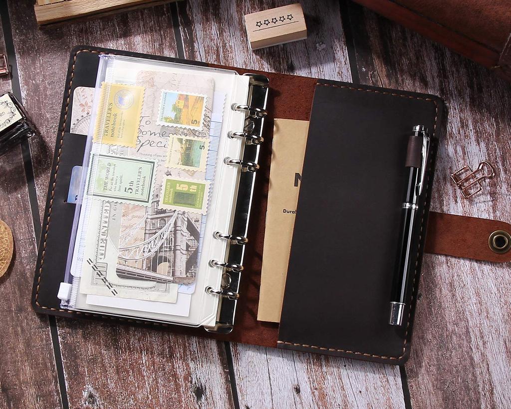 CEETOL Genuine Leather Planner, Handcrafted by Artisans, A6 Size, 6-Hole, with Pen Holder, Genuine Leather Business Notebook, Schedule Book