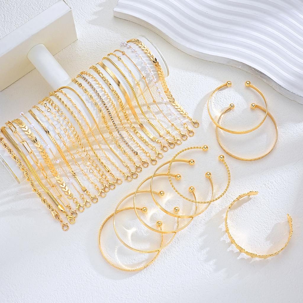 30Pcs Gold Color Stackable Bracelet Set For Women Flower Pearl Chain Textured Cuban Link Bracelets Trendy Layered Jewelry Gifts