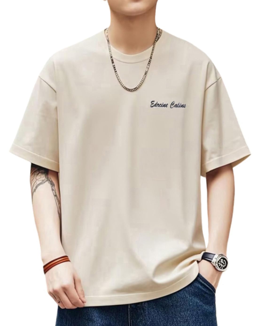 

Summer Short Sleeve Cotton Simple Solid Loose Plus Sizes [ODFMCE] Men s T-Shirt, Color, Fit, Stylish, (JP, Alphabet, L, Beige) бежевый