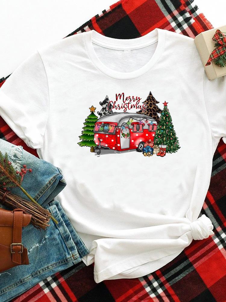 (Asian Size) merry Christmas new year o-neck Women's Top T Clothing Print lovely trend cute Short Sleeve T-shirts Fashion holiday Graphic Tee