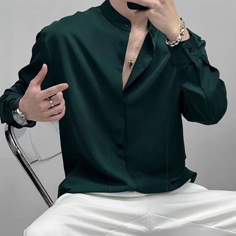 Mens Casual Solid Color Stand Collar Long Sleeve Shirt