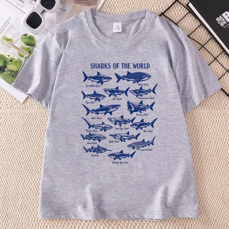 Vintage Sharks of The World T Shirt Ocean Nature Graphic Tee Cotton Short Sleeve Printed Tshirts Casual Unisex Clothes Tops