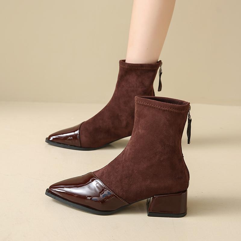Fashion Winter New Coarse Heel Cotton Boots Women's Pointed Back Zipper Splicing Suede Anti-slip Wear-resistant Short Boots