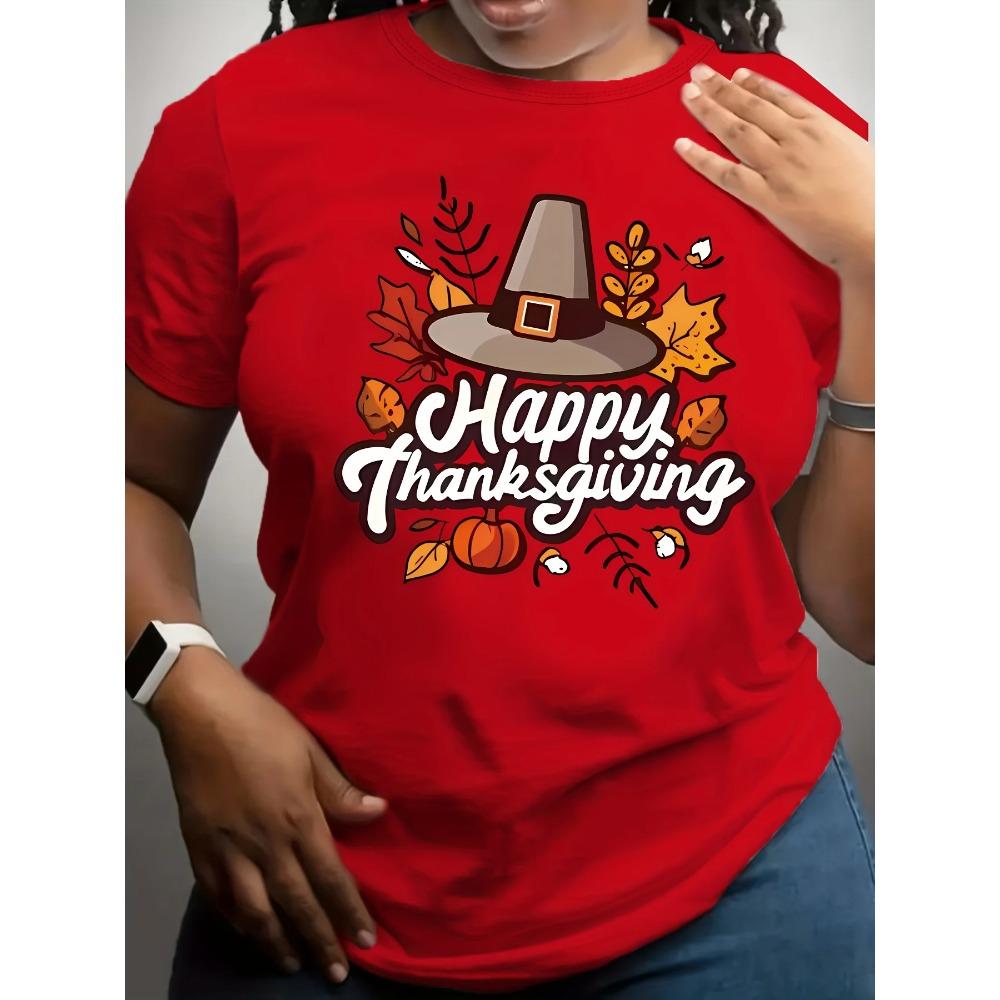 Thanksgiving Graphic Happy Thanksgiving Lettering with Autumn Leaves Pumpkins Turkey Design Vibrant Red Round Neck