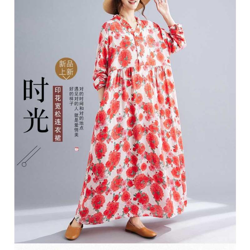 Neue Böhmische Vintage Bedruckte Locker Langarm Großer Schwung Lange Kleider