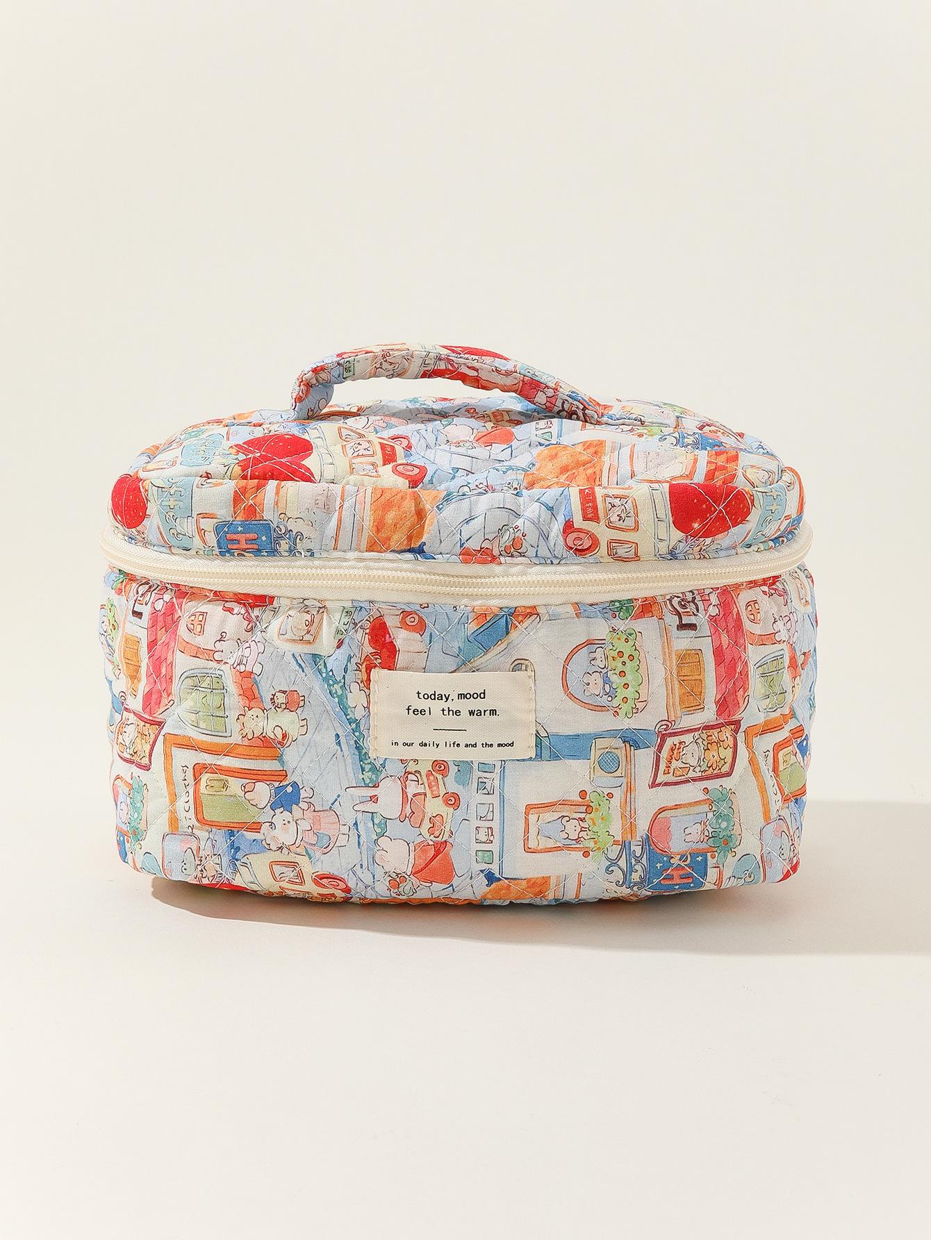 

Сумка-тоут большой емкости, косметичка в полоску, в горошек, для хранения, портативная, стеганая, хлопковая, с милым цветком, Ins, для путешествий, для студентов