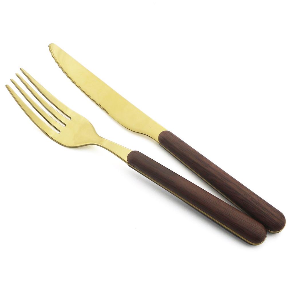 5Pcs Wooden Handle Dinnerware Stainless Steel Mirror Cutlery Set Western Knife Fork Spoon Silverware Tableware Set