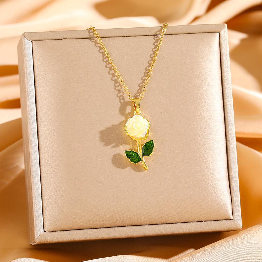 Titanium Steel Rose Flower Pendant Necklaces, Gold Plated Enamel Romantic Jewelry for Daily Wear & Gift