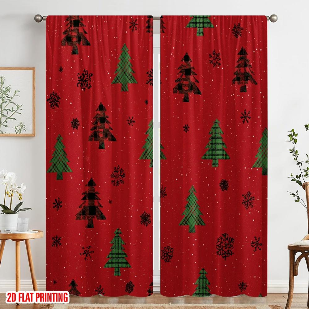 2pcs,2D Plane Printing Popular Curtain Panels Christmas Tree Snowflake Red Versatile Fabric (without Rod) Gifts for Bedroom,