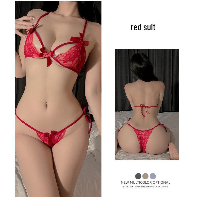 Sexy Three-Piece Lace Lingerie Set - Sheer, Chest-Enhancing Bra & Temptation Lacing Panties