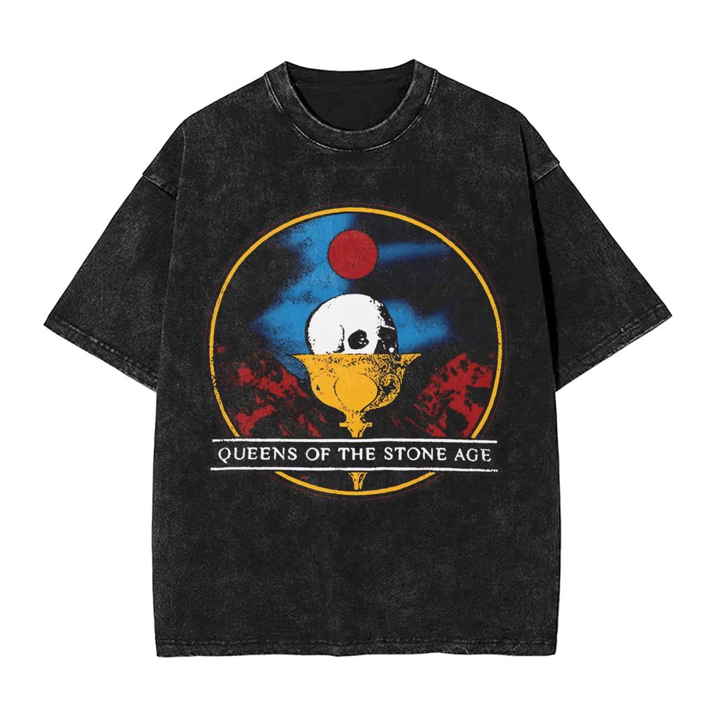 Camiseta Retro para Hombre de la Banda Queen of The Stone Age Lavada Camisetas Divertidas Manga Corta Cuello Redondo Ropa de Algodón Puro