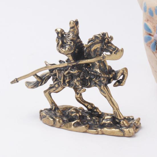 Brass General Figurine Retro Guan Yu On War Horse Statue Distressed Desktop Sculpture Collectible