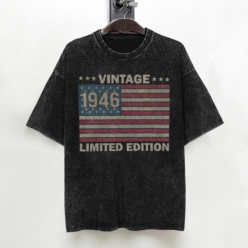 80th Birthday Born 1946 80 Year Old T Shirt Washed 100 Cotton Oversize TShirts Fashion for Men Women Streetwear Printed Tees