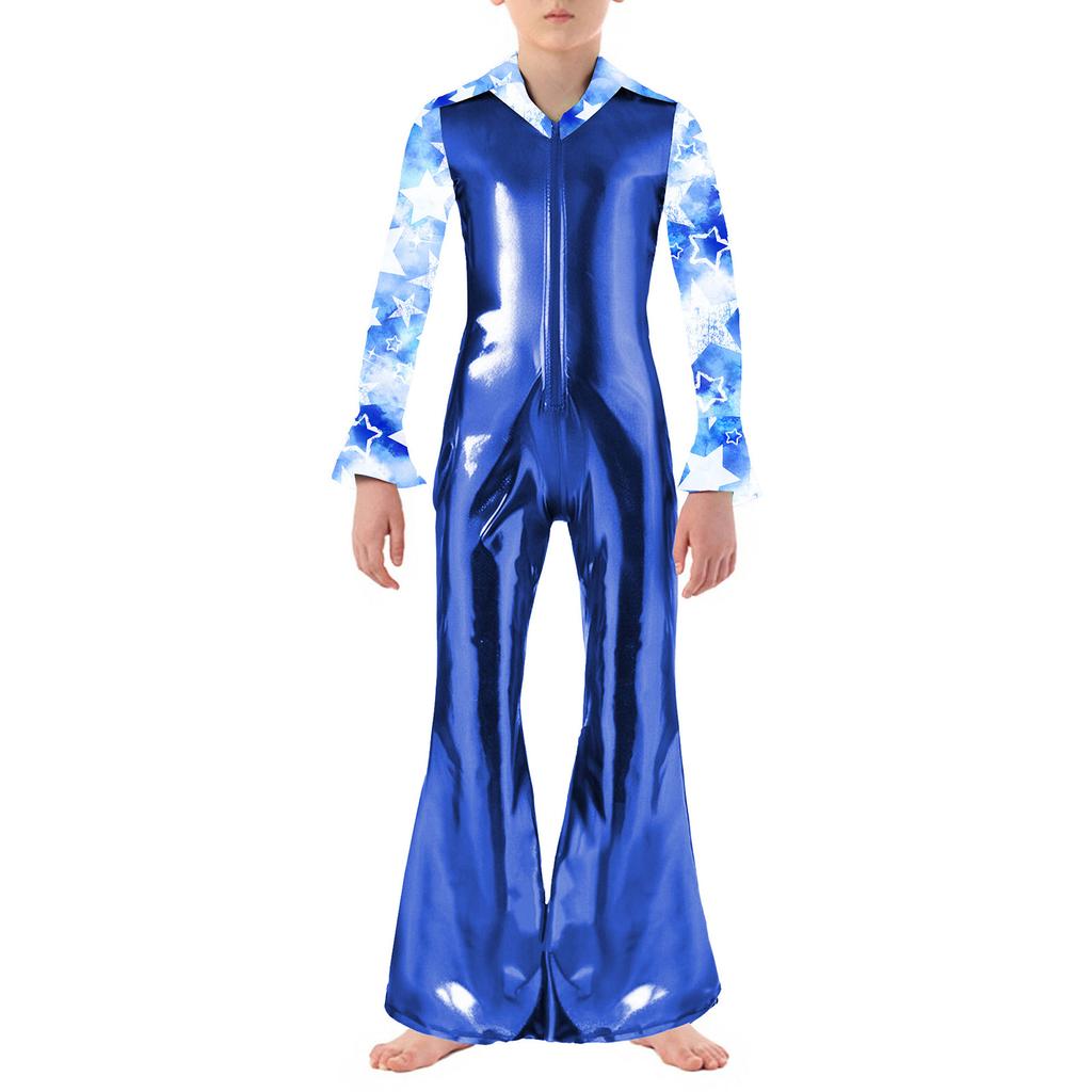 Boys Disco Costume Patchwork Printed Design Shiny Metallic Lapel Collar Long Flare Sleeve Bell Bottomed Pants Jumpsuit