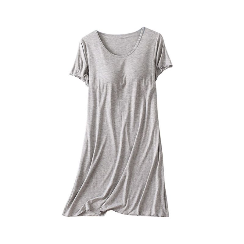 Women Casual Short Sleeve Nightgown Solid Color Pajama Dress with Bra Pad